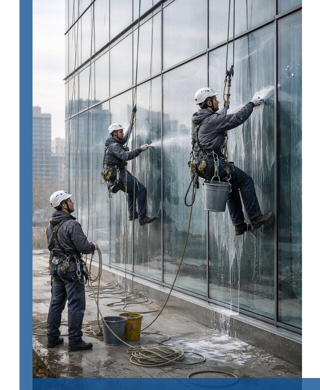 Промышленная мойка панорамных окон на высоте в Ногинске