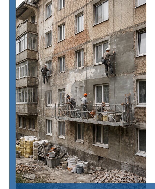 Капитальный ремонт фасада в Ногинске с восстановлением и гидроизоляцией