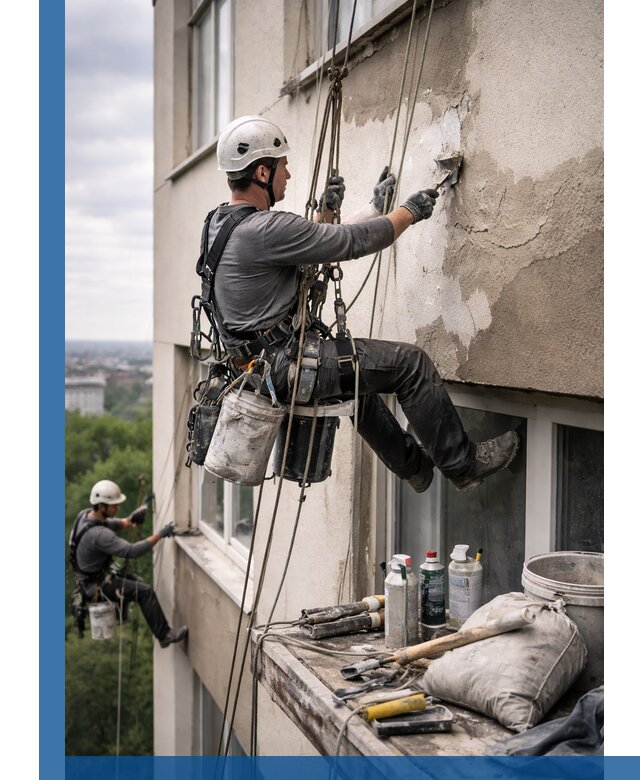 Косметический ремонт фасада зданий в Ногинске промышленными альпинистами