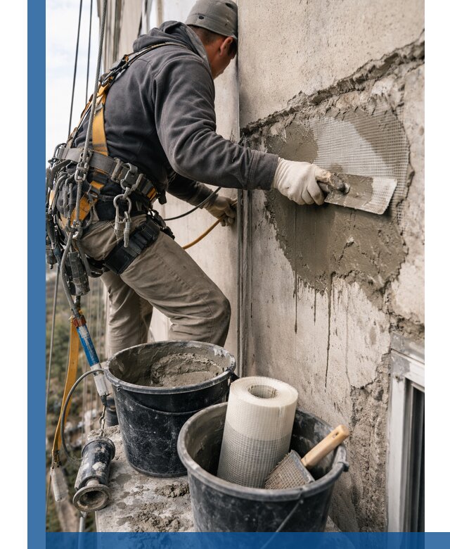 Ремонт бетонных элементов фасада промышленными альпинистами в Ногинске