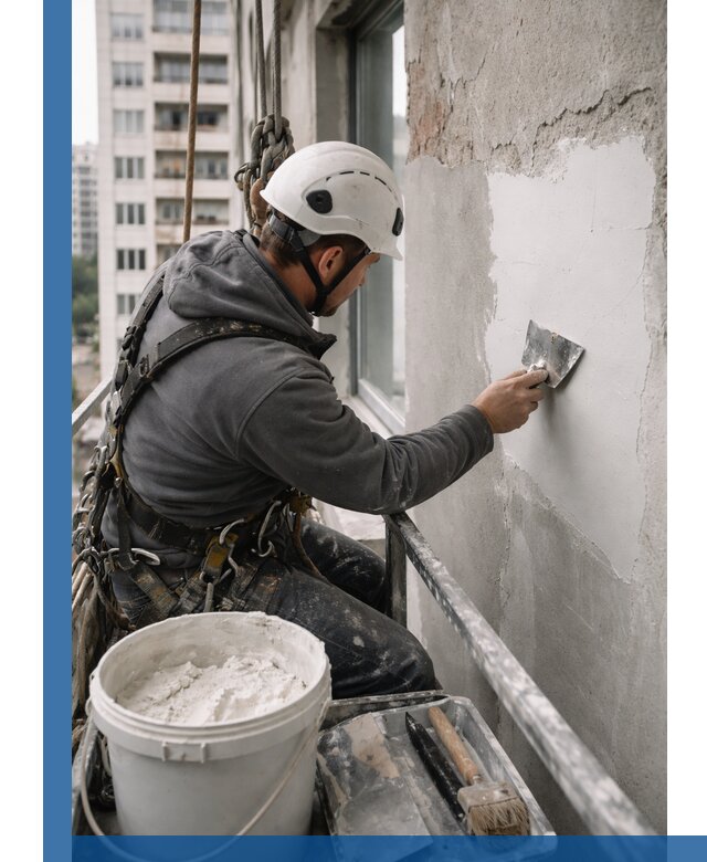 Шпаклевка фасадов на высоте с промальпинистами в Ногинске