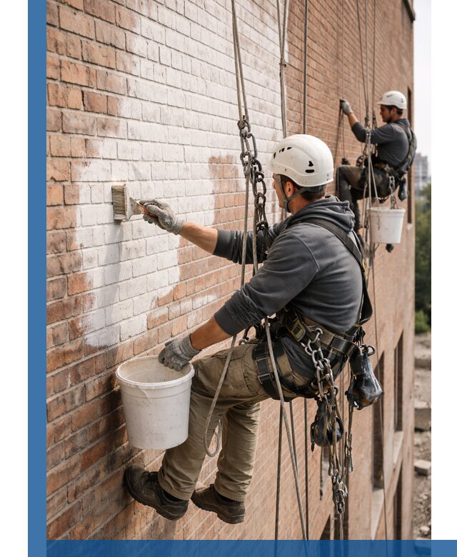 Покраска кирпичного фасада с доступным альпинистским сервисом в Ногинске