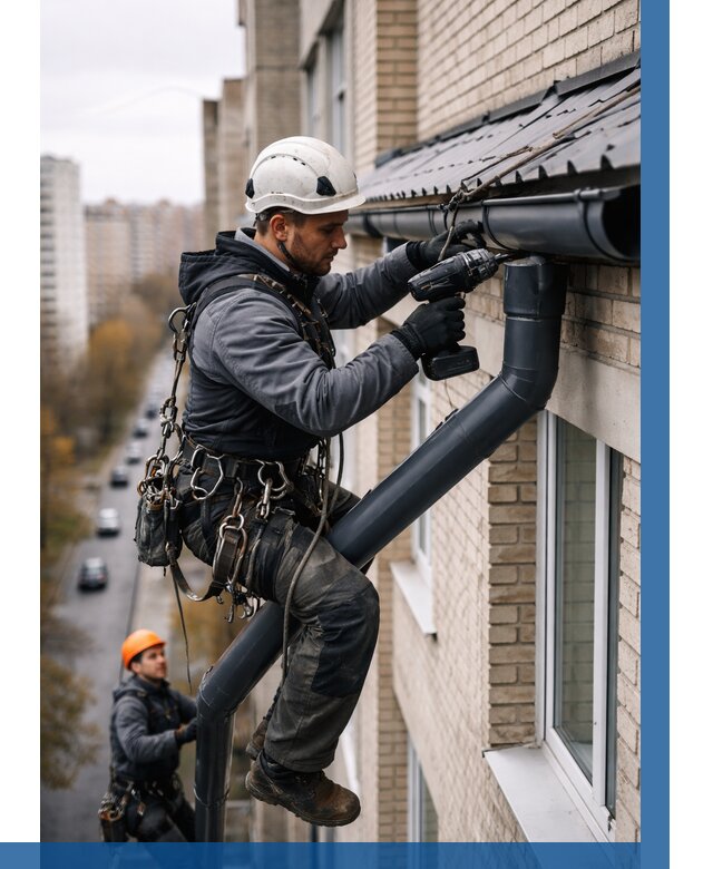 Монтаж водосточной системы на здании в Ногинске от 5066 р. | ВЫСОТНИК-Нгн