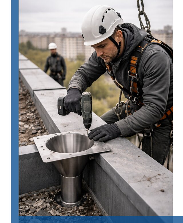 Монтаж водосточных воронок в Ногинске для промышленных зданий