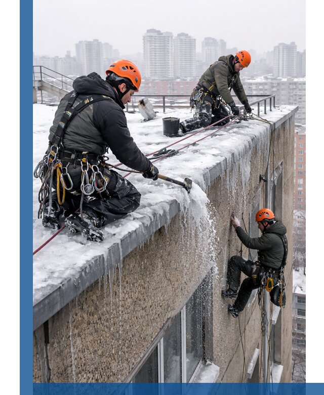 Удаление наледи с кровли в Ногинске промышленными альпинистами