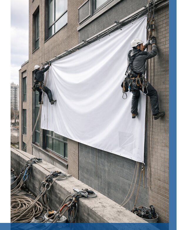 Монтаж баннеров на фасаде в Ногинске от 659 р. заказать ВЫСОТНИК-Нгн