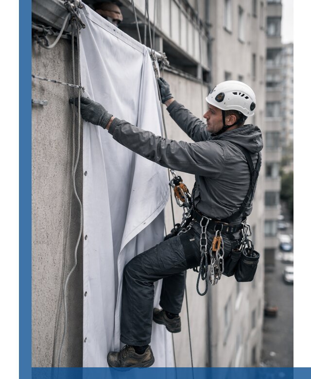 Замена баннерного полотна промышленными альпинистами в Ногинске