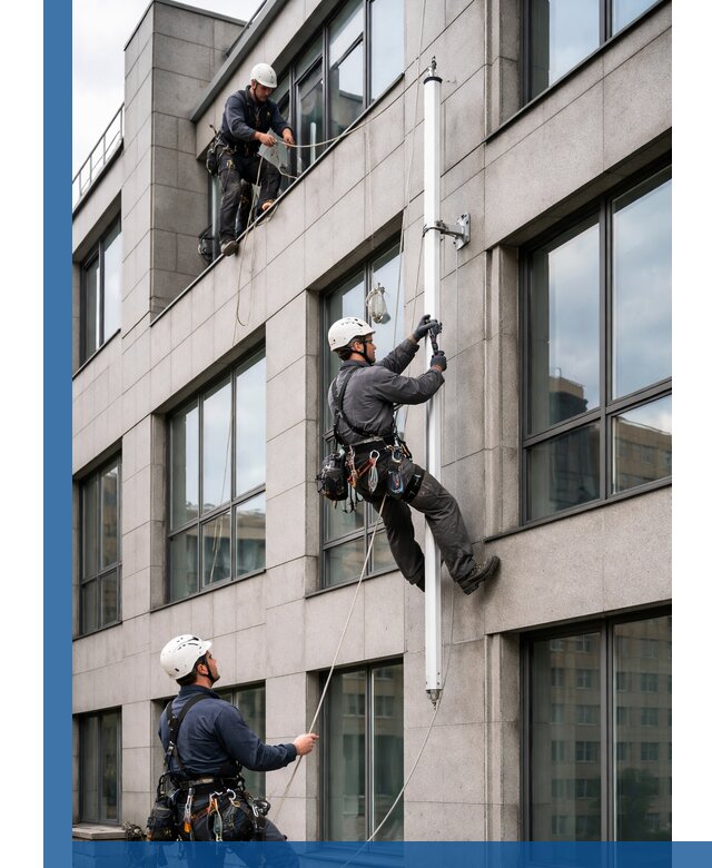 Монтаж флагштока на фасаде здания с креплением и герметикой в Ногинске