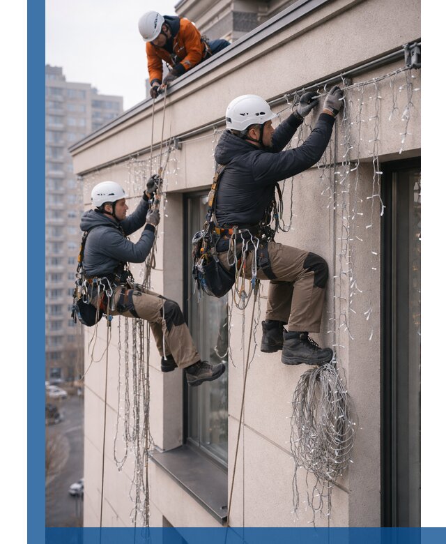 Монтаж праздничных гирлянд на фасаде в Ногинске для зданий