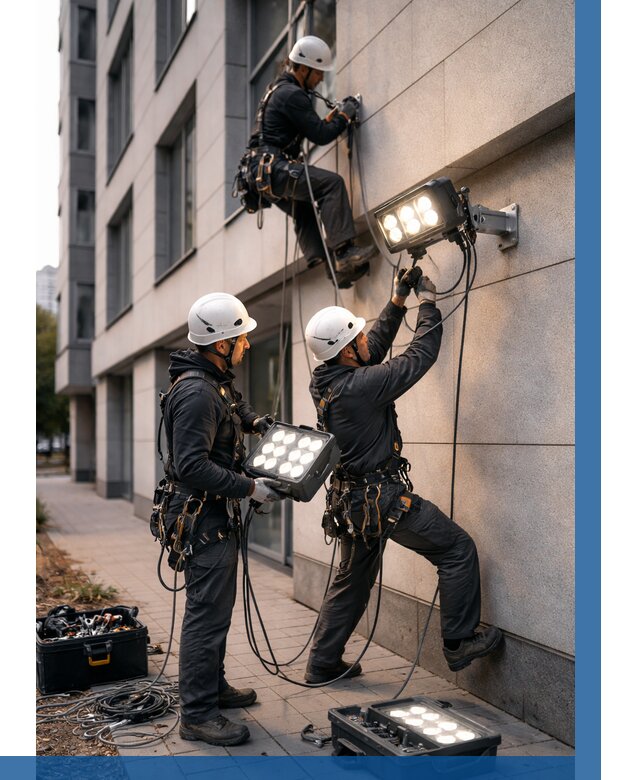 Монтаж прожекторов на фасаде в Ногинске от 7598 р. | ВЫСОТНИК-Нгн
