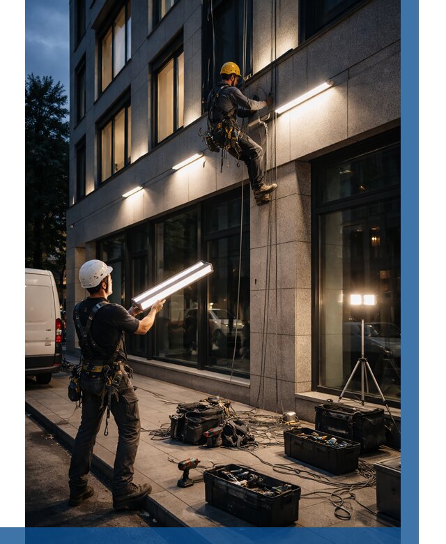 Монтаж архитектурной подсветки здания в Ногинске от 2533 р.|ВЫСОТНИК-Нгн