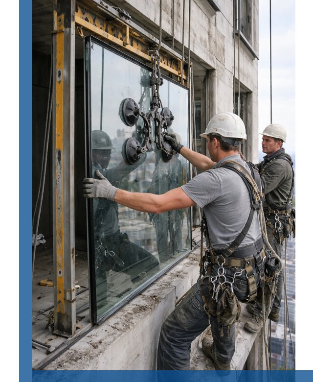 Монтаж стеклопакетов на высоте в Ногинске с промышленным альпинизмом
