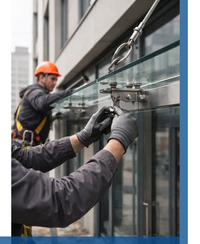 Монтаж стеклянных козырьков в Ногинске от 8611 р. | ВЫСОТНИК-Нгн