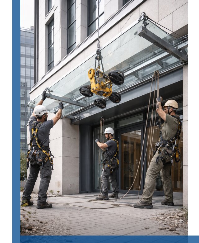 Монтаж стеклянных козырьков под ключ в Ногинске для зданий