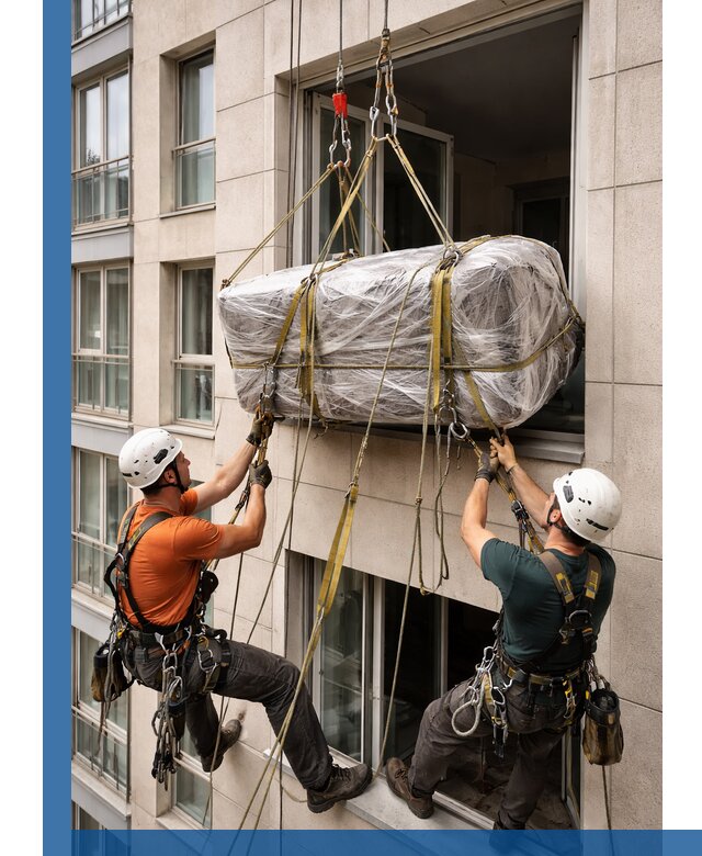 Подъем грузов через окно в Ногинске промышленными альпинистами