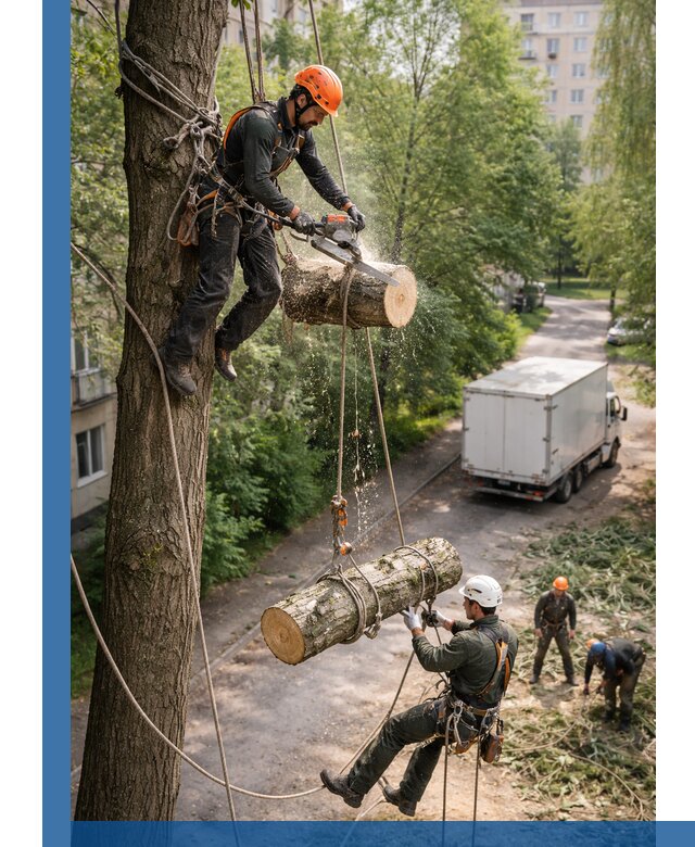 Спил деревьев альпинистами в Ногинске, безопасно и без повреждений