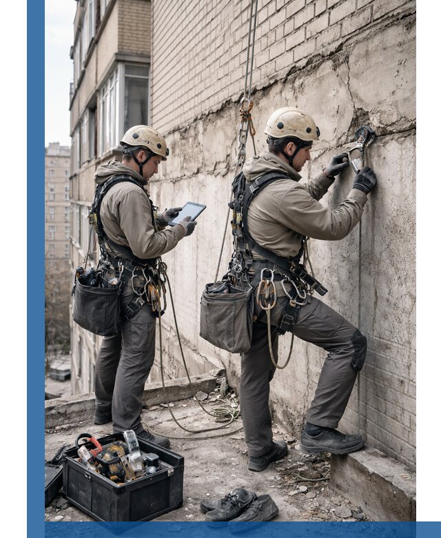 Обследование фасада промышленными альпинистами в Ногинске